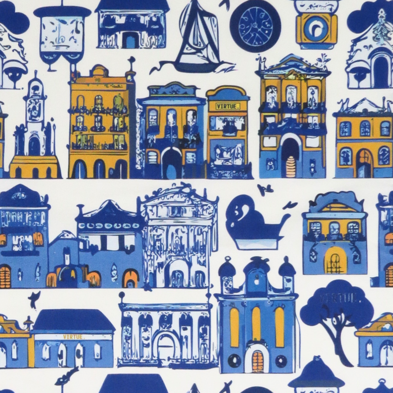 Tea towel with blue and yellow architectural pattern on a white background
