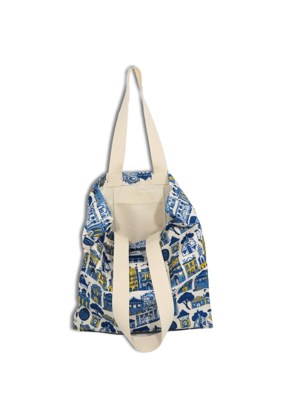 bag with blue pattern and white drawstring on a white background