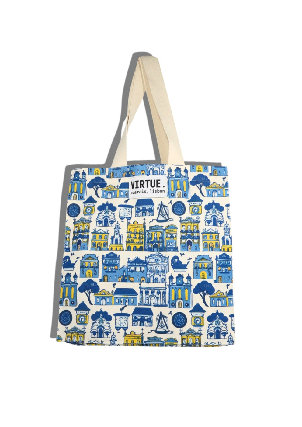 city design tote bag in blue and yellow